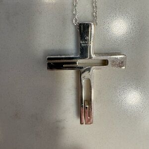 Gucci Silver Cross Necklace with Floral Pouch